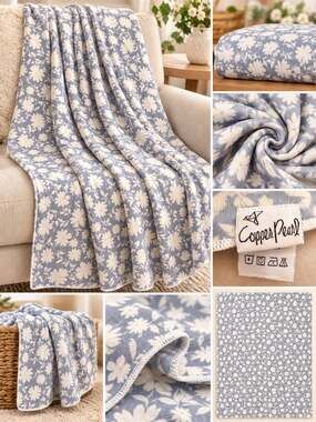 Copper Pearl Daisy Floral Knit Throw Blanket Blue White